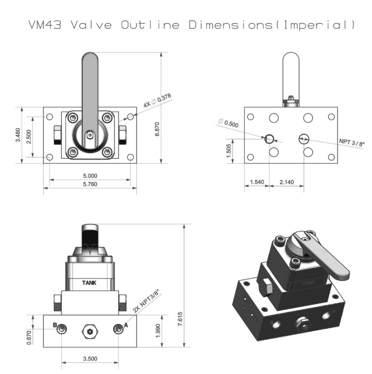 VM43, Pump Mounted Directional Control Valve, Manual, 4-way, 3-position, Tandem Center